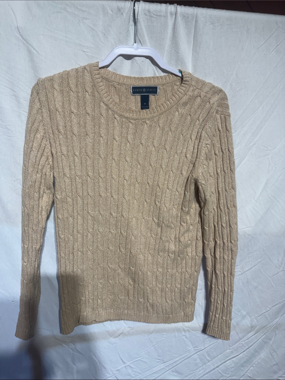 Karen Scott Beige Cable-Knit Crewneck Sweater